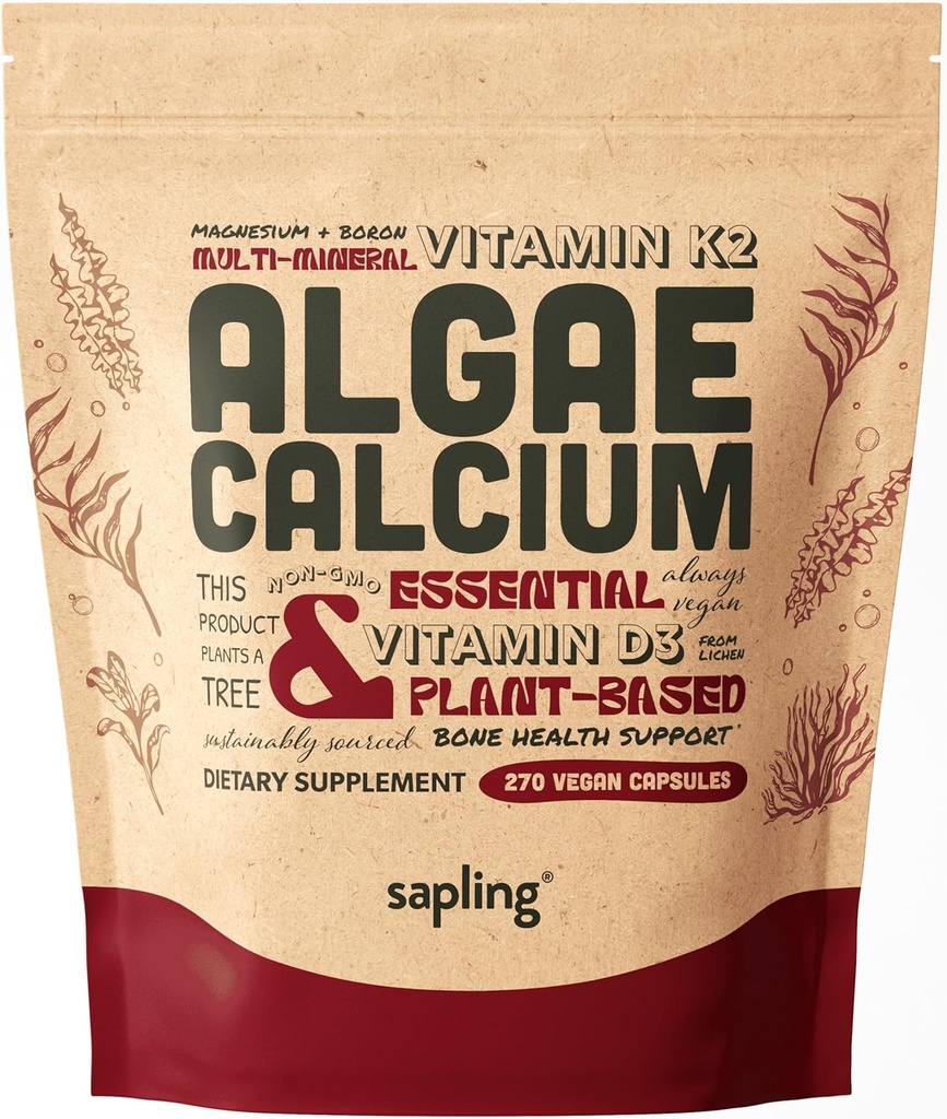 Suplement wapnia - cała żywność z witaminą K2 & D3, magnezu, cynku, boru, kompleksu mineralnego. Sourced Sustainable from Red Algae. for Bone Strength and Support. Non-GMO & Vegan (270 Hrabia)