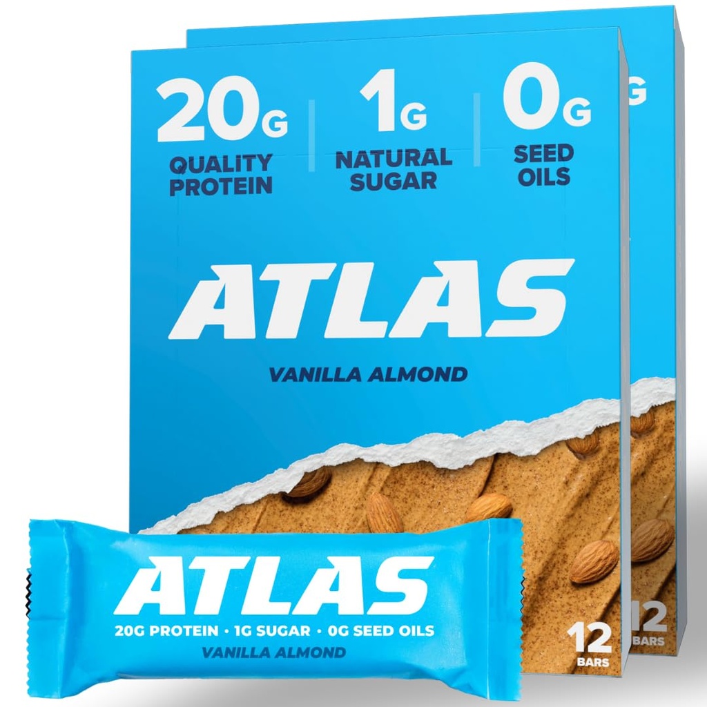 Atlas Protein Bar - 20g Czysty Protein, 1 g Natural Sugar, No Seed Oils, Gluten Free, No Sztuczne Sweeters - Vanilla Almond 24 Count