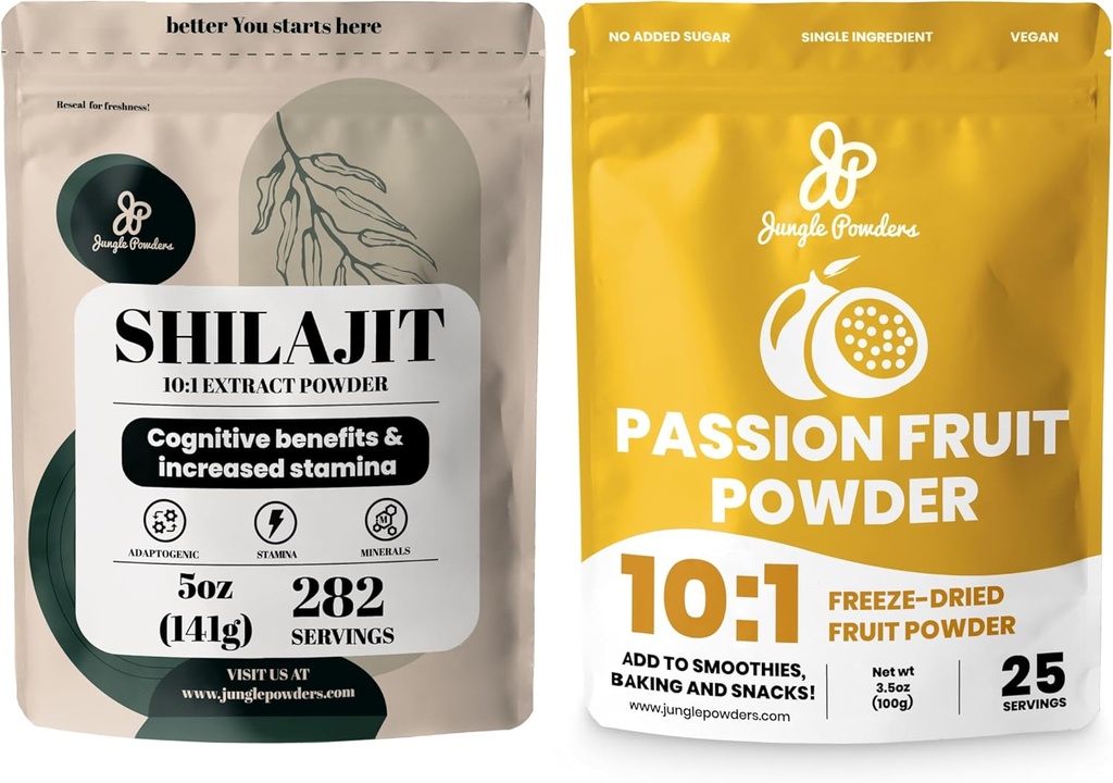 Jungle proszki Premium Duo: 5oz Surowy Shilajit & 3.5oz Passion Fruit Powder - Mens 's Energy Support, Immune Boost, z zamrożeniem Suchy Passion Fruit Powder for Baking, Smoothies, Dodatek-Free Extract