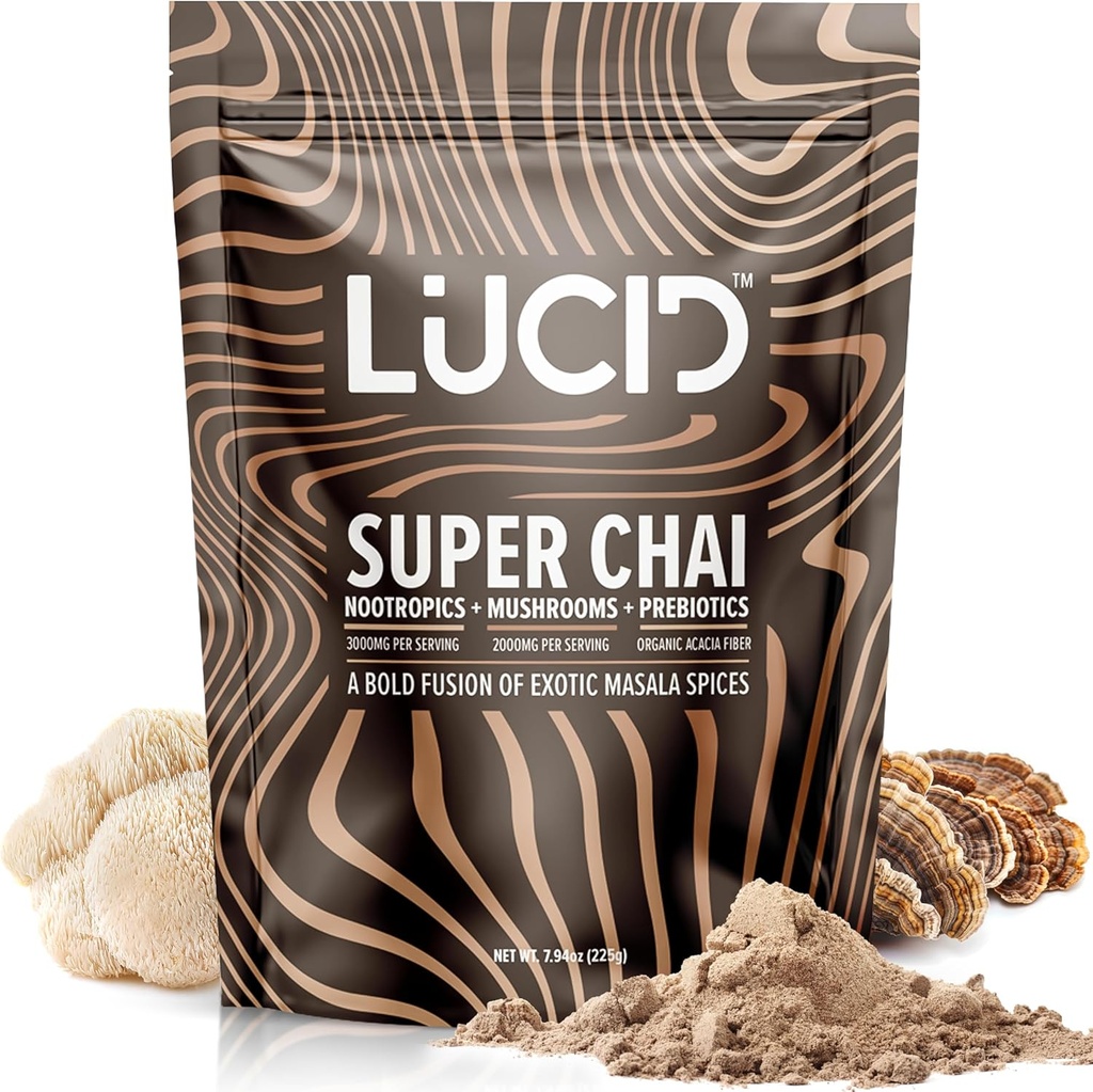 Lucid Superfood Organic Mushroom Chai z Nootropics - Lwie 's Mane, Tremella, Cordyceps & Turcja Tail - Instant Mushroom Chai Focus Brain Health - Alpha GPC, L- Theanine, Ginko Biloba - USA Made