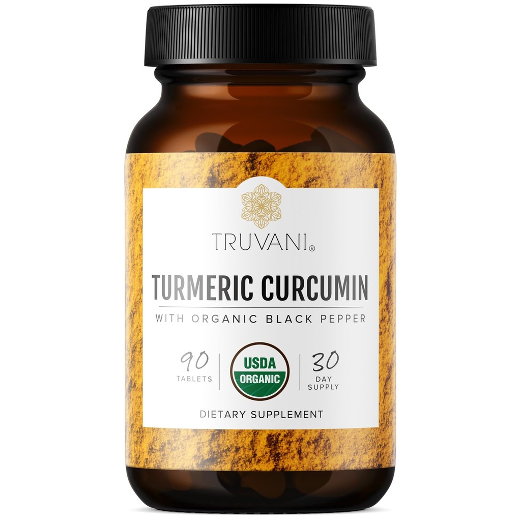 Truvani Organic Turmeric Curcumin Tablets 1,350 mg Each - Naturalne wspólne wsparcie z Black Pepper dla wchłaniania - 90 tabletek