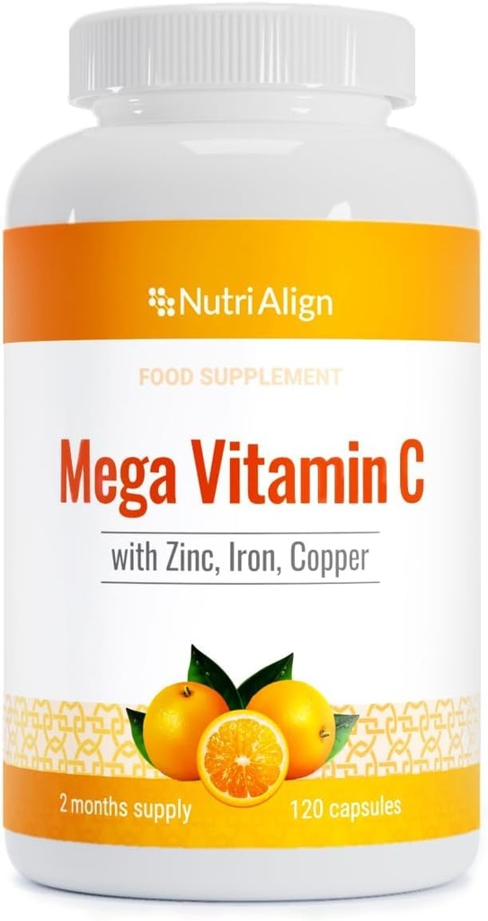 Nutric -Align Mega witamina C 124; 120 Wysoka moc Witamina C 1000mg kapsułki - Witamina C i cynk, Żelazo & Miedź Suplement Agregat 124; VIT C Suplementy Agregat 124; Gluten & Cukier wolny 124; Potężny przeciwutleniacz