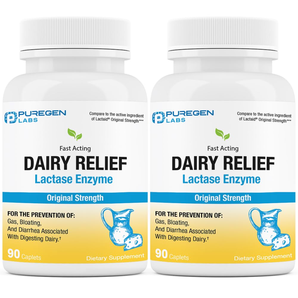 Puregen Labs Dairy Relief Natural Fast Acting Lactase Enzyme 3000 FCC, Laktoza Nietolerancja Pigułki 124; 2 Pack - 180 Kapsułki Razem