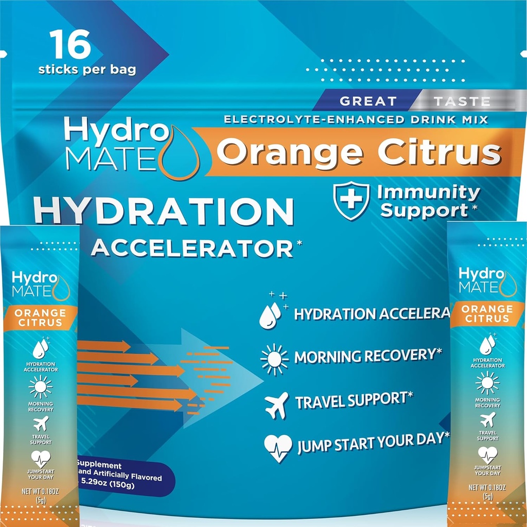 HydroMATE Electrolytes Proszek z niskim cukru - 16 Natychmiastowe pakiety nawadniania z witaminy C Pomarańczowy do Boost Energy - Niski cukier Electrolytes w proszku Pakiety do wsparcia nawadniania do szybkiego odzyskiwania partii