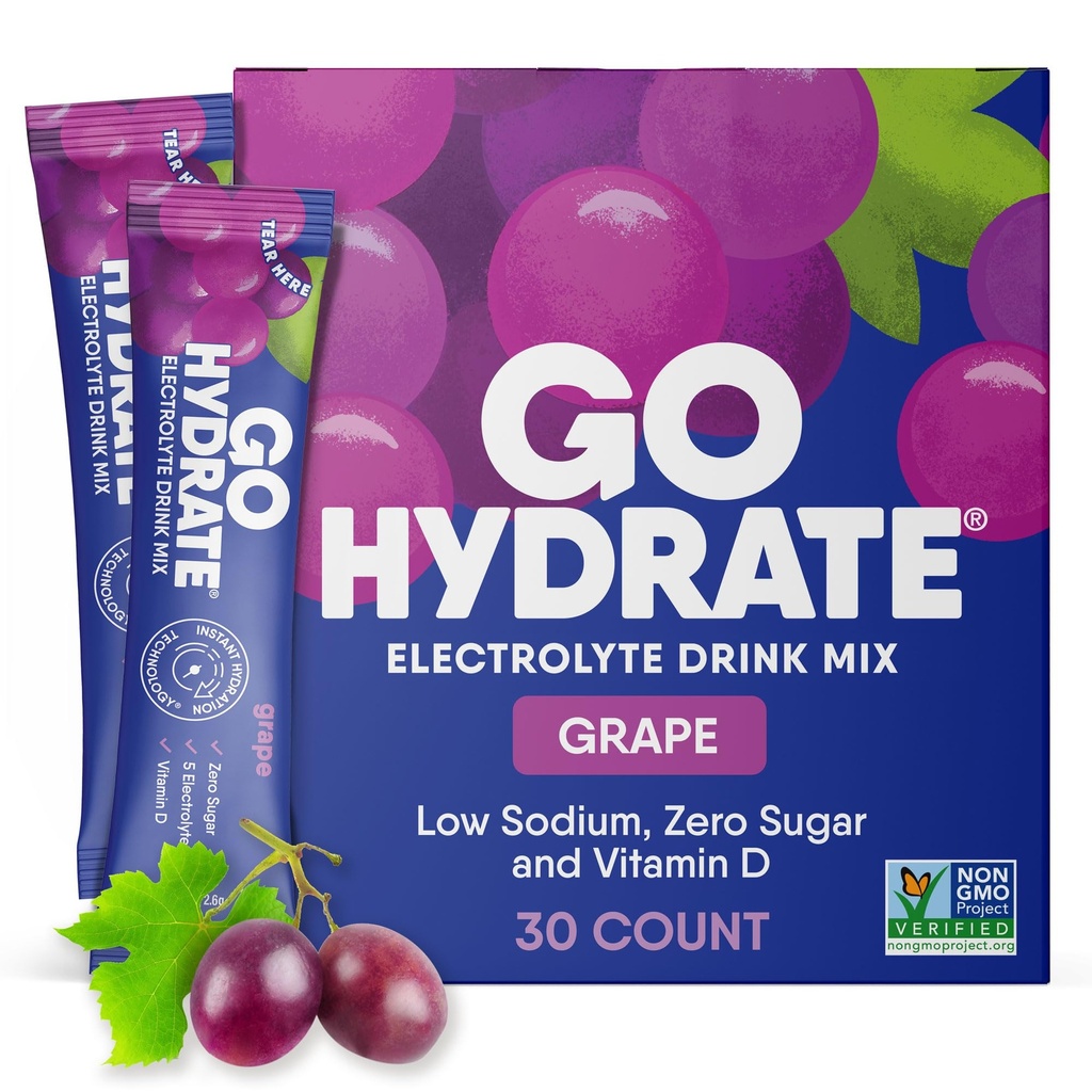 GoHydrate Instant Hydration Powder Pakiety - Niski poziom elektrolitów sodowych Drink Mix - Naturalne wsparcie nawilżenia, Bezcukrowy proszek Electrolyte Drink z witaminą D, 30 Opakowania, Grape