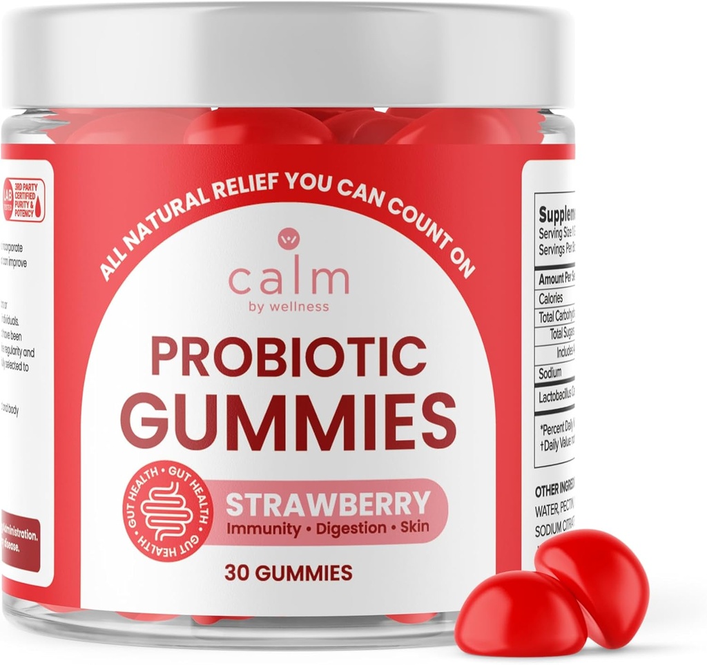 Calm by Wellness Probiotic Gummies, Strawberry-Flavored, All-Natural Vegan Probiotics for Adults, 10 Billion CFUs, Probiotic for Digestive Regularity, Immunity, Skin Health and Gut Health
