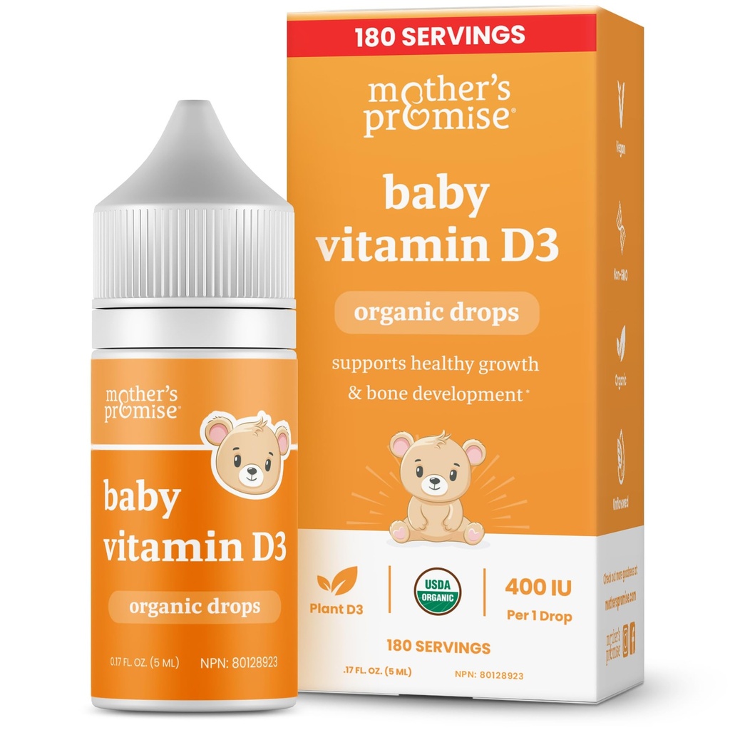 Obietnica matki Organic Baby Witamina D Krople 124; 100% Roślina Na bazie 124; Zdrowy wzrost & Rozwój kości 124; Wiek Noworodzonych + 124; 180 Służenie 124; Witamina D3 Dziecko Płyn dla niemowląt & Toddlers