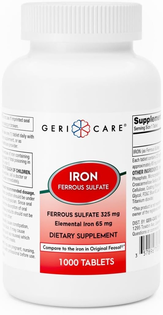 GeriCare Ferrous siarczan Tablets 325 mg, Żelazo elementarne 65 mg suplement żelaza wysokiej mocy 124; Suplement diety 1000 Hrabia. (Opakowanie 1)
