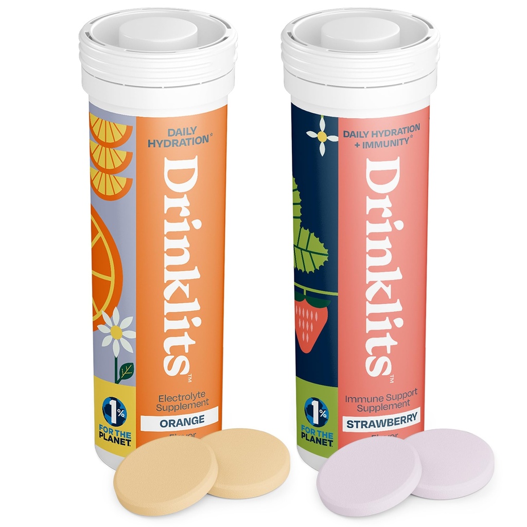 Drinklits Pomarańczowy Codzienne tabletki nawadniające + Truskawki tabletki odporności (2) Tube Pack Agregat 124; Esential Electrolytes - Great Taste - Immune Support Agregates 124; 20 Servings (10 Tablets per Tube)