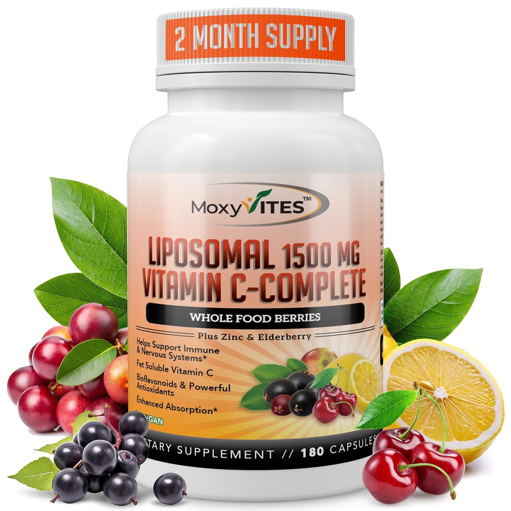 Witamina liposomalna C z kapsułkami cynku - Vit C Organic Elderberry, Amla, Camu Camu- Vitamina C Wysoka absorpcja, Anti Aging, Immune Support, 1500mg / Podawanie 3 Miesięczne Gluten Free NON GMO Veggie Caps