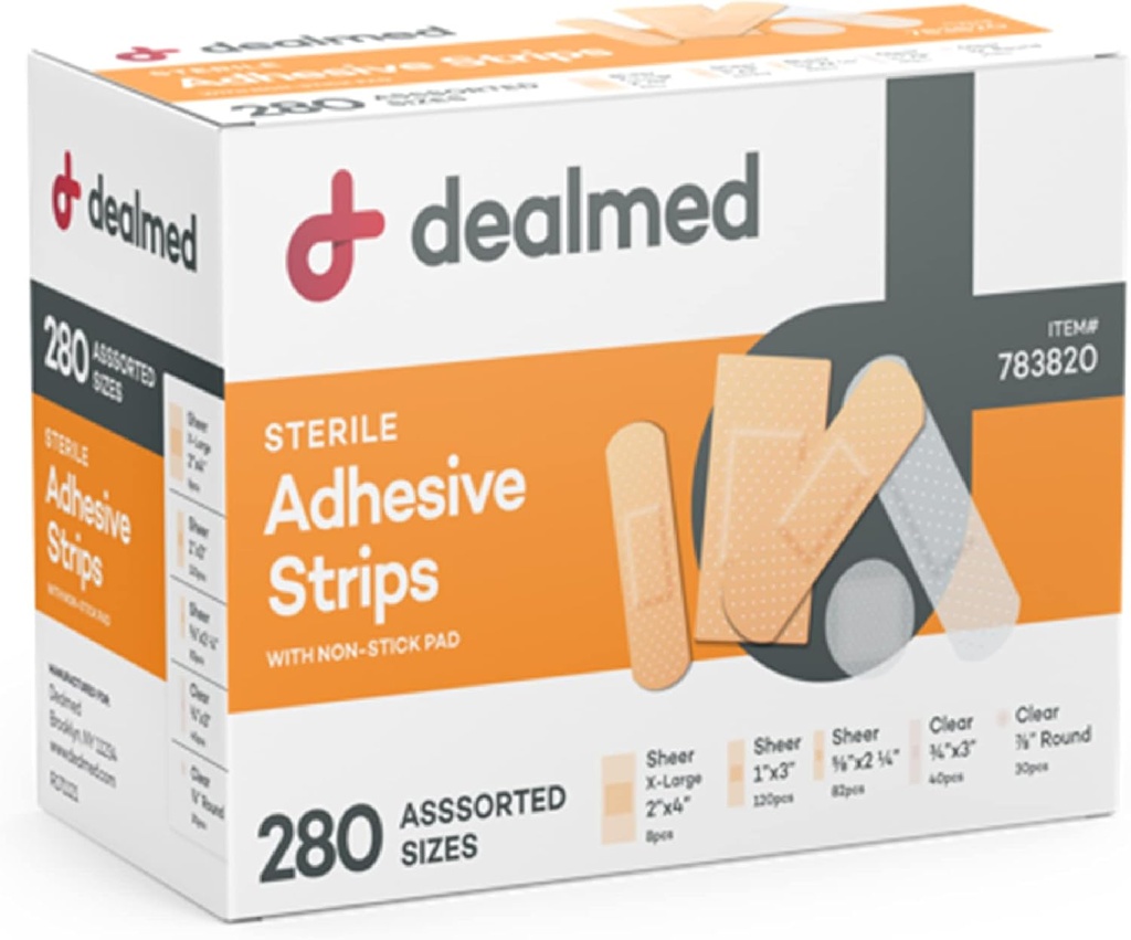 Dealmed Assorted Variety Pack Elastyczne bandaże adhezyjne Sterylne Bandaże z Non-Stick Pad, Latex Free, Opieka nad ranami dla zestawu pierwszej pomocy (280 Bandaże)