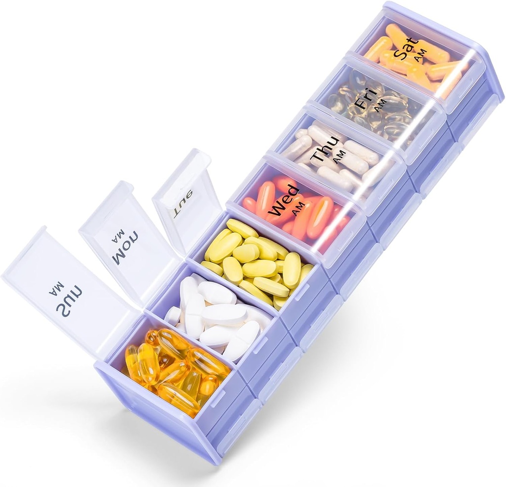 2 razy dziennie - Betife 7 Day Pill Box, AM PM Pill Case z podwójną warstwą Jumbo Kompleks do pigułek, Witamina, Olej rybny, Suplementy (Puple / biały)