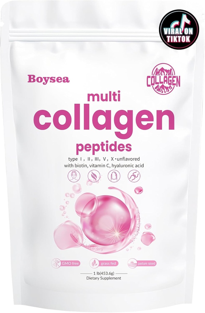 Boysea. Peptydy wielokolagenowe w proszku - hydrolizowane peptydy białkowe typu I, II, III, V, X z biotyną i witaminą C, wspomaga skórę, włosy, paznokcie i staw, nieflaworyczne, niezawierające GMO, wolne od glutenu, Easy Mix 1LB
