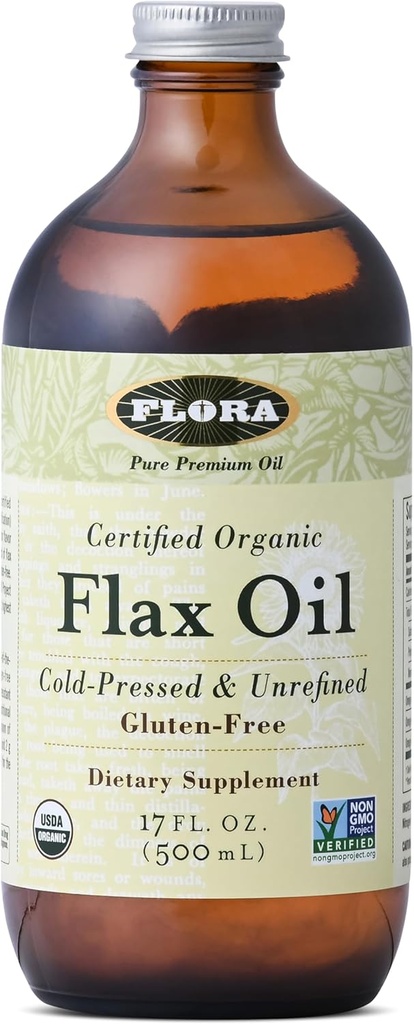 Flora - Olej lniany - Wyciskany na zimno, nierafinowany, organiczny olej lniany - Zawiera Omega-3 & Omega- 6 - Nie-GMO & Gluten- Free - Keep Chilled - 17 fl. oz. Bursztynowa butelka szklana