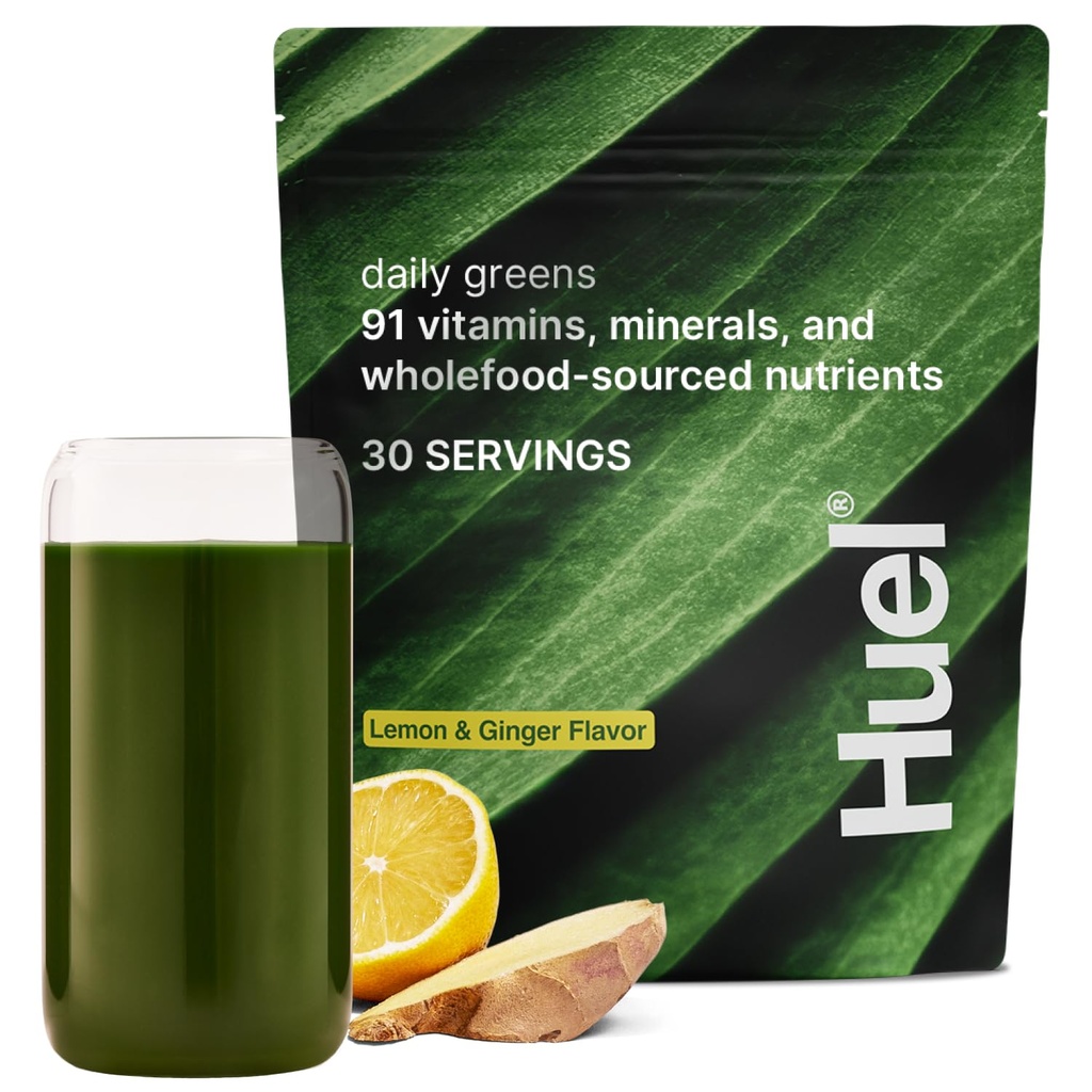 Huel Daily Greens Lemon & Ginger Between 124; Superfood Greens Powder Between 124; 91 Witaminy, Minerały i Wholefood- Sourced Ingredients Between 124; Adaptogeny, Przeciwutleniacze, Przyjazne do Gut Probiotyki Between 124; 30 Służenia