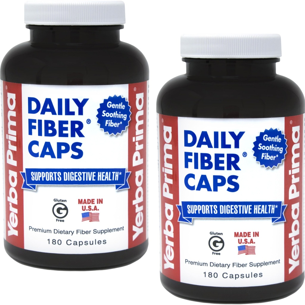 Yerba Prima Daily Fiber Formula - 180 kapsli (Opakowanie 2) - Rozpuszczalny i nierozpuszczalny suplement diety Fiber - Colon Cleanse - Gut Health - Wegan, Non-GMO, Gluten- Free