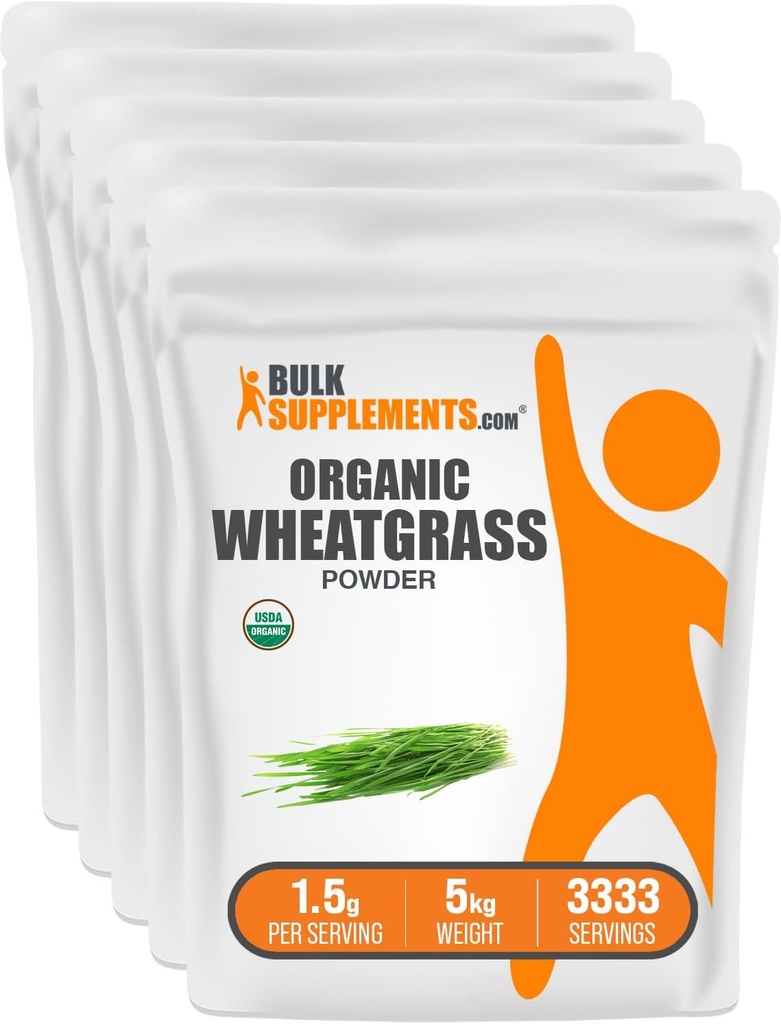 BulkSupplements.com Organic Wheatgrass Powder - Organic Super Greens Powder, Suplement Superfoods - Wegan & Gluten Free, 1,5g na Serving, 1kg (2,2 kg) (Opakowanie 5)