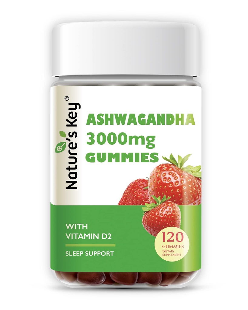 Key Gummies Ashwagandha, Ekstrakt korzeniowy o wysokiej potencji Ashwagandha z witaminą D2, dla mężczyzn i kobiet, Stres, nastrojowy i chłodny, aromat truskawkowy (120 Count (Pack of 1)