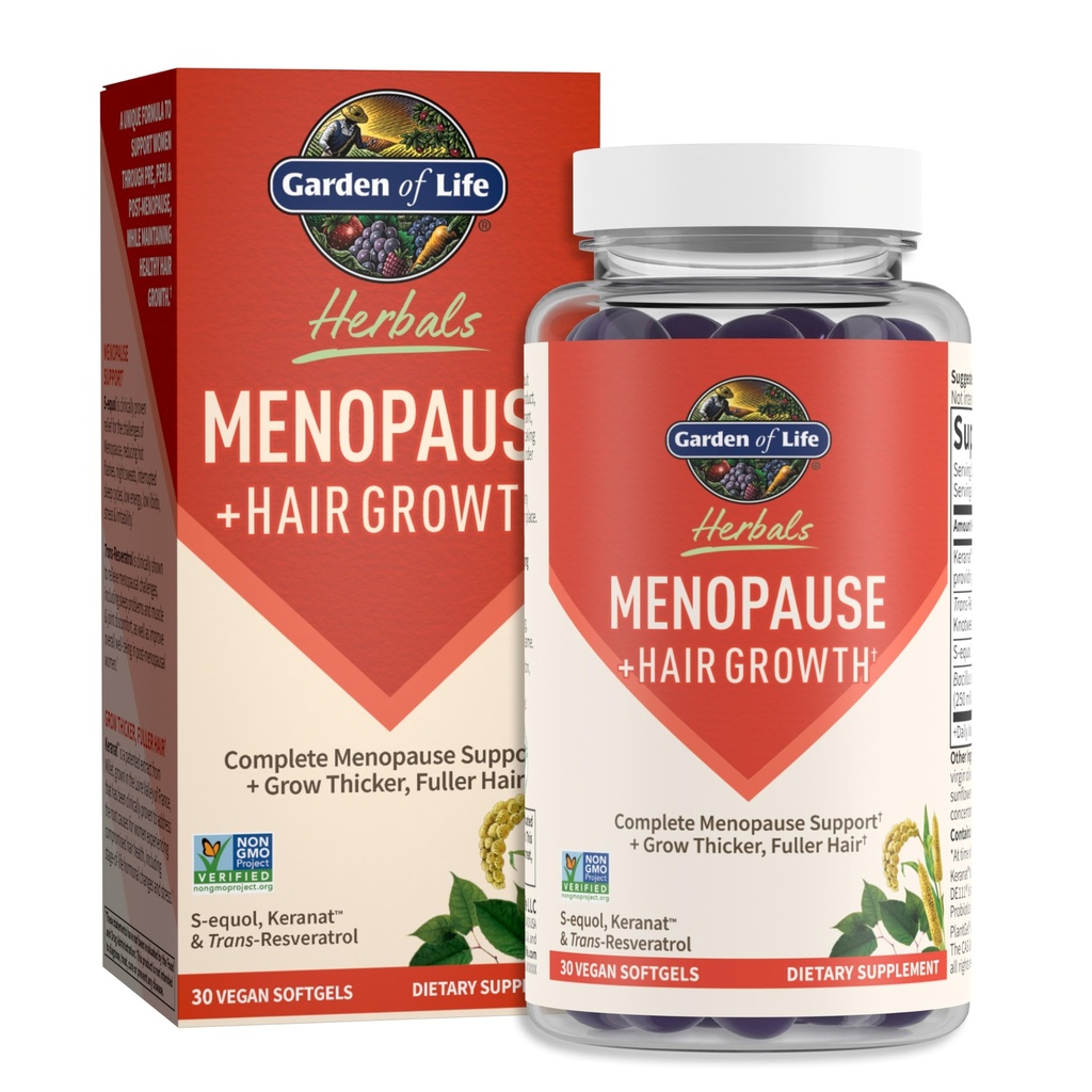 Garden of Life Herbals Menopauza Suplement z S- equol & Trans- Resveratrol dla wieloobjawowej ulgi, Keranat dla grubszych, Fuller Hair Growth - Non-GMO, Gluten- Free, Wegan, Berry Flavor, 30 Służenie