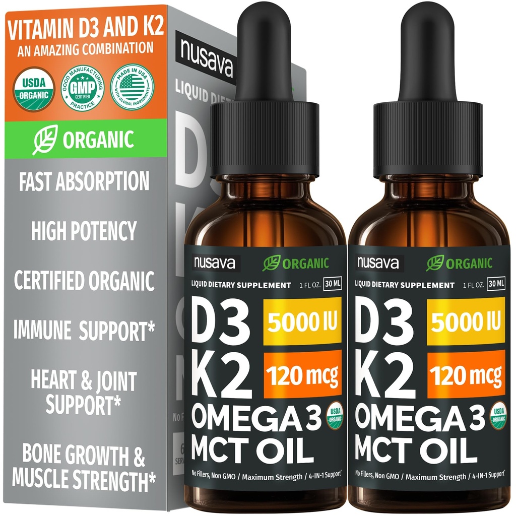 (2 opakowania) Organiczna witamina D3 K2 Krople z MCT Omega 3, 5000 IU - Płynne D3, Nie Napełniacze, Nie-GMO, Wsparcie immunologiczne (Unflavored, 2 Fl Oz)