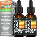 (2 opakowania) Organiczna witamina D3 K2 Krople z MCT Omega 3, 5000 IU - Płynne D3, Nie Napełniacze, Nie-GMO, Wsparcie immunologiczne (Unflavored, 2 Fl Oz)