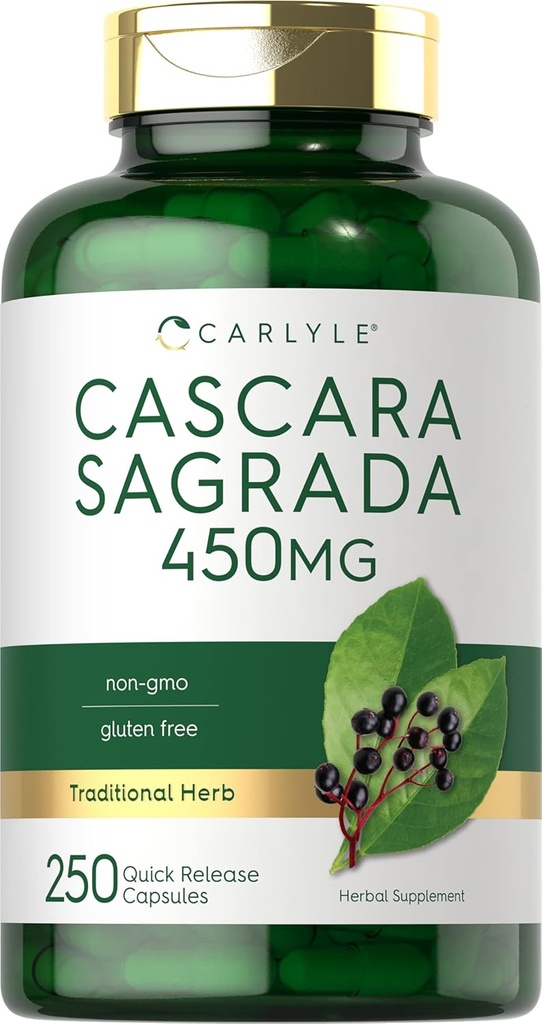 Carlyle Cascara Sagrada Kapsułki 124; 450 mg 124; 250 Hrabia 124; Suplement ziołowy 124; Non- GMO, Gluten Free