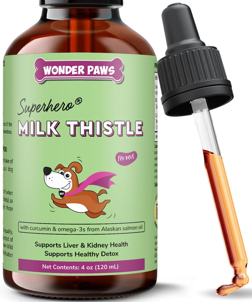 Wonder Paws Milk Thistle, Liver Support for Dogs, Wspomaga funkcję nerek dla zwierząt domowych, Detox, Wsparcie dla wątroby, z Wild Alaskan Salmon Oil & Curcumin, Omega 3 EPA & DHA (4 Oz)