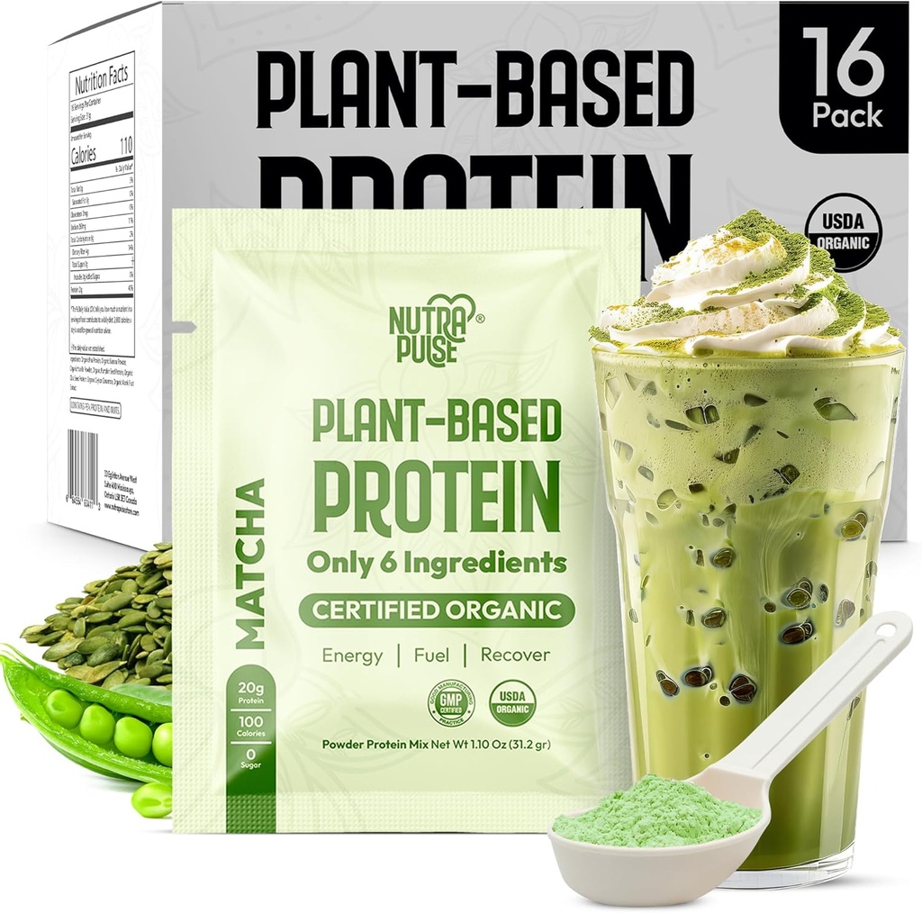 Matcha Vegan Protein Powder Pack - 20g Organic Plant Based Protein - Non-GMO, Gluten- Free, Soy- Free - Smoothie & Shake Ready - Easy to Digest - 16 Single Servings - Wypróbuj wszystkie 16!