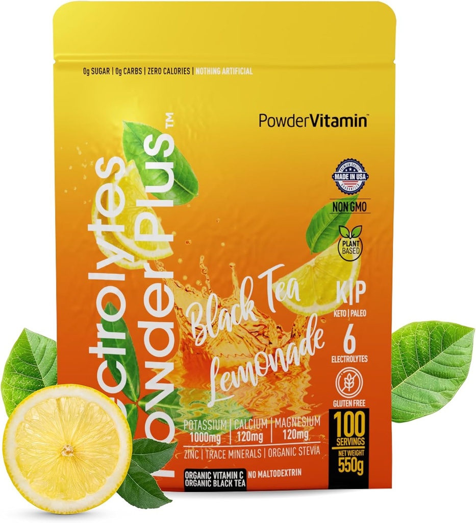 Proszek PowderWitamina Electrolytes Plus (100 Servings) Czarna herbata Lemoniada Electrolyte Proszek Zero Calorie Keto, 0 Cukier, Nie Maltodekstryna, 1000mg potasu, 120mg wapnia, 120mg magnezu, Proszek nawadniający