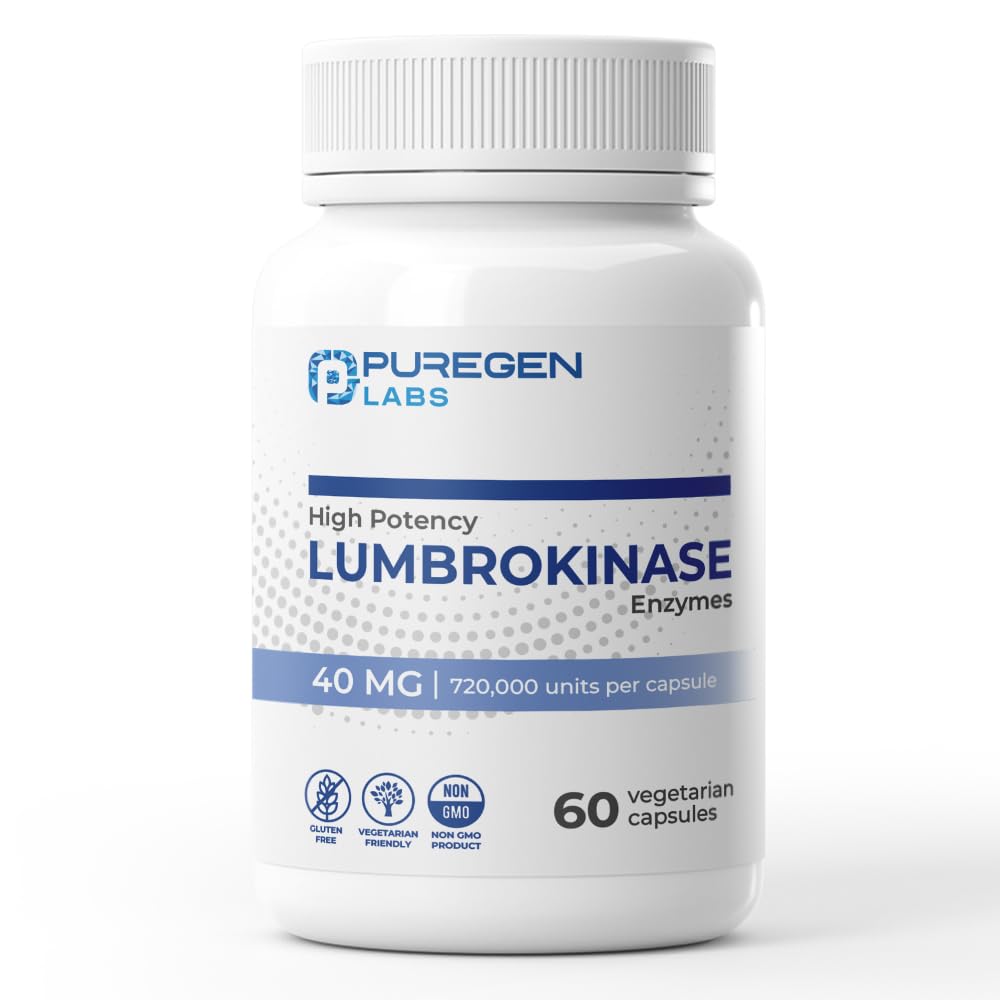 Puregen Labs Lumbrokinase 40mg na kapsułkę Wysoka moc Suplement Amend124; Wysoka aktywność Lumbrokinaza Enzymy Amend124; Brak szkodliwych dodatków Amend124; Non- GMO Amend124; Gluten Free Amend124; Made in USA - 60 Kapsułki wegetariańskie