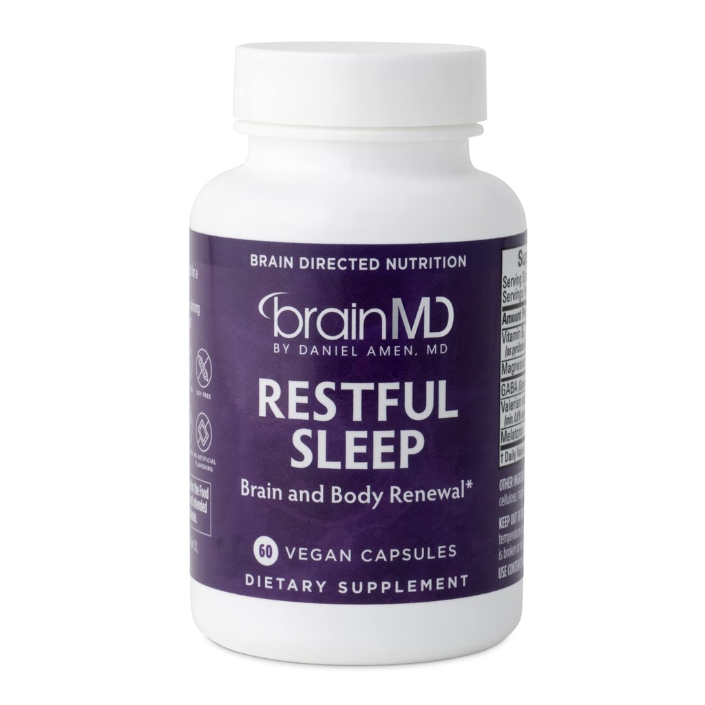 Dr Amen Mózg MD Restful Sleep - 60 Kapsułki - Promotes Relaxation & Calm, Zawiera Melatonin, Valerian, GABA & Magnez, Non- Habit Forming - Gluten- Free - 15 Sługi