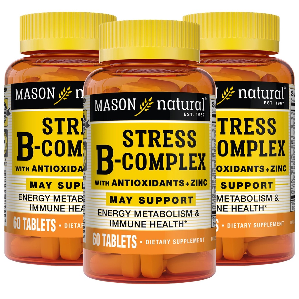 MASON NATURAL Stress B, Complex with Antioksydants + Cynk, 6 Month Supply, Dual Action Formula, Wsparcie metabolizmu energii i zdrowia immunologicznego, 3 Pack