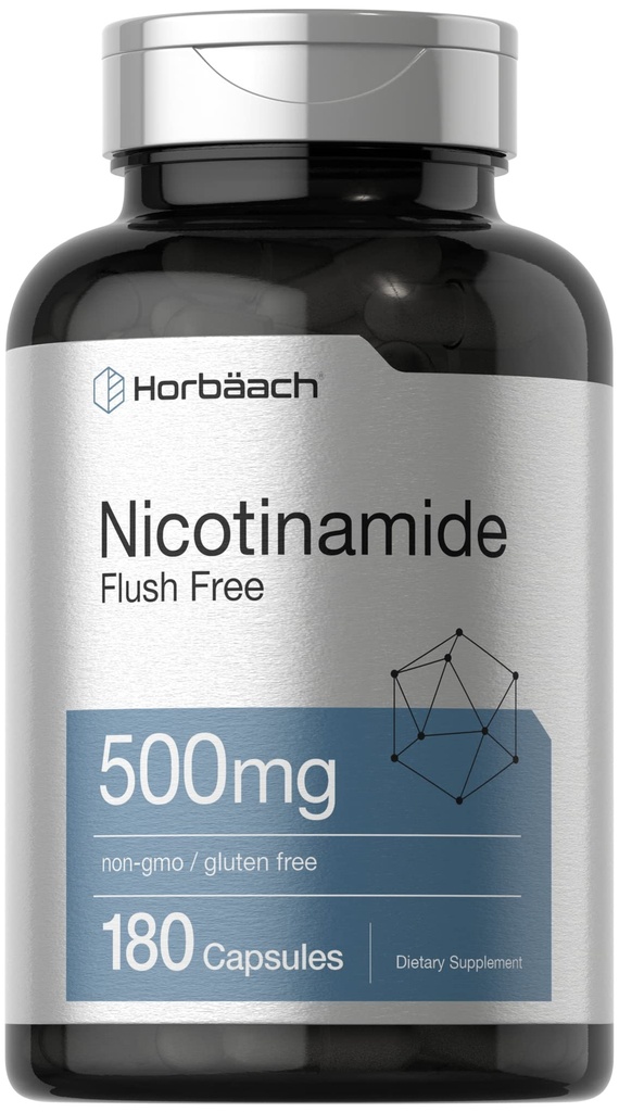 Horbäach Nicotinamide 500mg | 180 Capsules | Flush Free Dietary Supplement