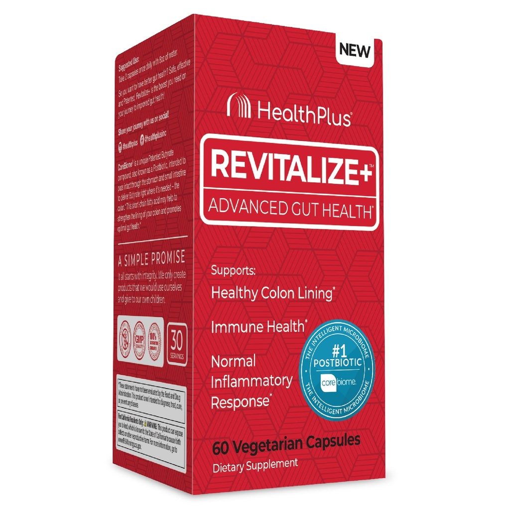 Zdrowie Plus Revitalize + Corebiome Tributyryna Postbiotyki dla kompletnego zdrowia trawiennego, Leaky Gut, Colon Revitalize 124; Gut suplementy zdrowia dla mężczyzn i kobiet 124; 60 Kapsułki, 30 Sług