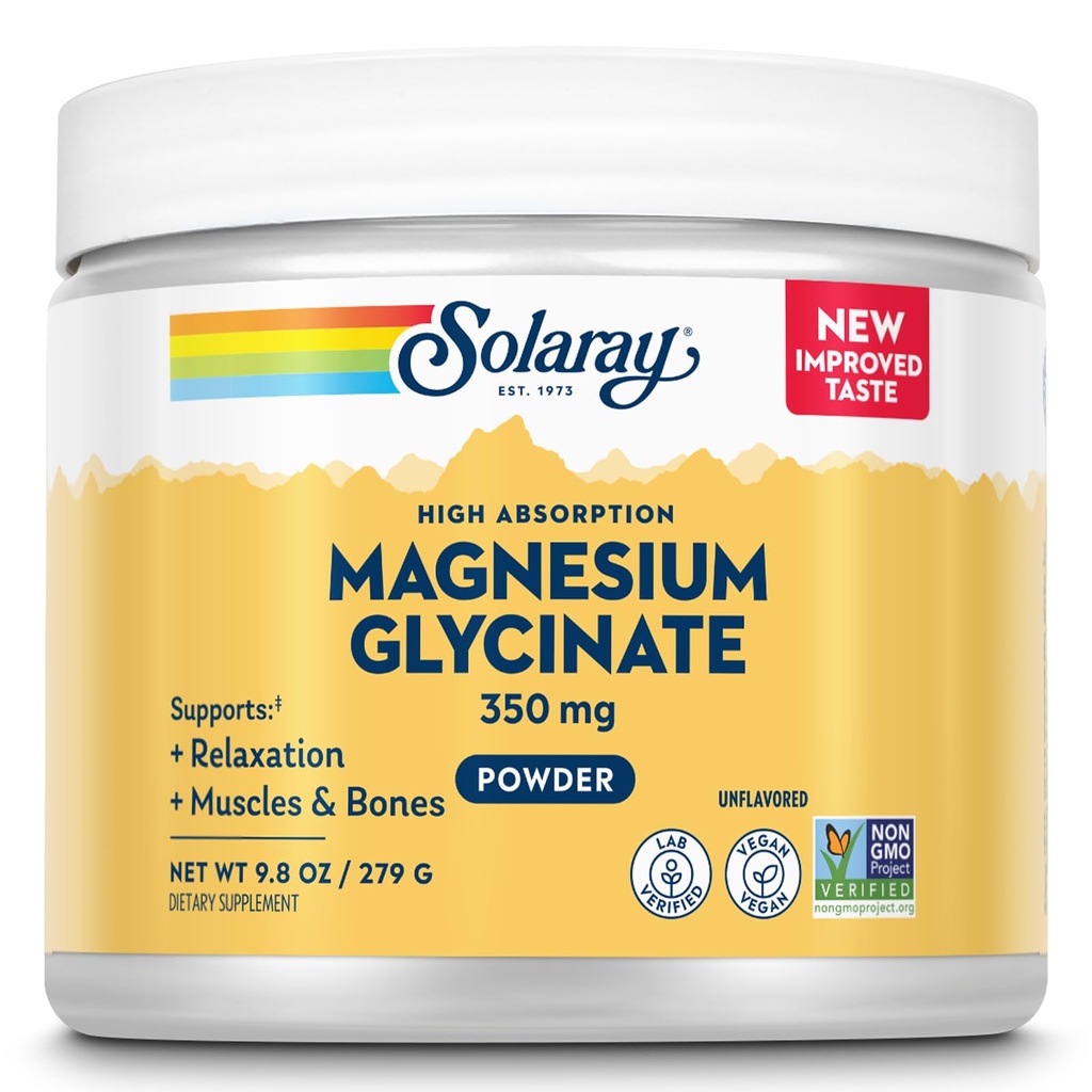 SOLARAY Magnezu Glicynian Proszek 350 mg - Proszek magnezowy nienasycony - Magnez Suplement do kości, mięśni i wsparcia relaksacyjnego - Wegan, Non-GMO, 60- Day Guarantee - 50 Służenie, 6 OZ