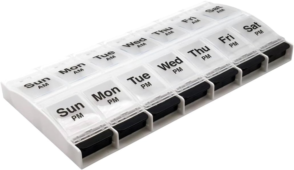 EZY DASE Push Button (7- Day) Pil Case, Medicine Planner, Witamina Organizator, 2 razy dziennie, AM / PM Container, X-duże zespoły, zapalenie stawów Przyjazny, Łatwy w użyciu, Przezroczyste lipy, Clear / Black, BPA Free