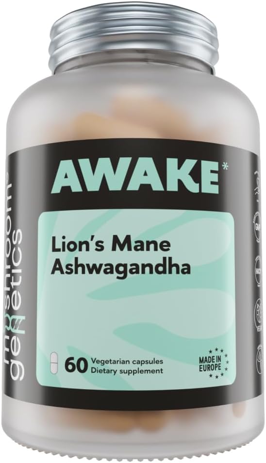 Grzyb Genetyka Lions Mane & Ashwagandha Suplement Kapsułki - Nootropowy Grzyb dla Mózgu, Pamięć i Stres Relief 124; Fruiting Body & Ashwagandha Root for Focus, Energia i Wellness 124; 60 Kapsułki