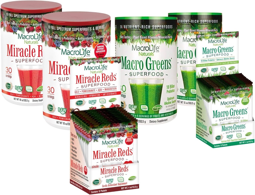 MacroLife Survivor 6- Count Bundle, 2 Makro Greens 10oz + 1 Pudełko kartonowe (12ct), 2 Cud Red 10oz + 1 Pudełko kartonowe (12ct)