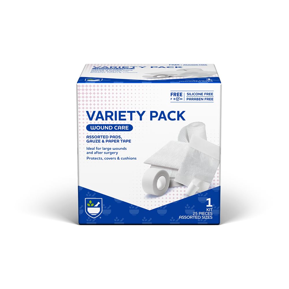 Rite Aid First Aid Gaze Pads, Variety Pack - Zawiera 25 Różne Gaze Pads & Tape 124; Sterylne Gaze Paps 124; Zestaw pierwszej pomocy 124; Dostawy opieki nad ranami
