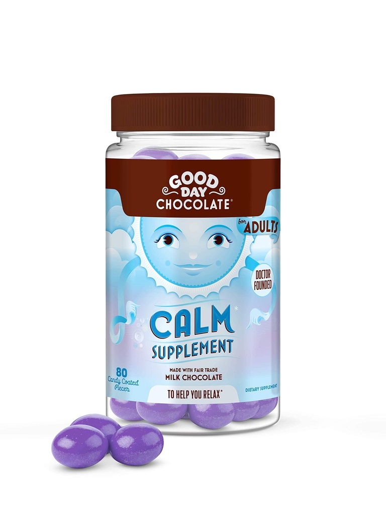 Good Day Chocolate Natural Calming Supplement dla dorosłych, Mieszanka Camomile, Theanine, Magnez, Fair Trade i nieGMO Czekolada, 80 Kawałki