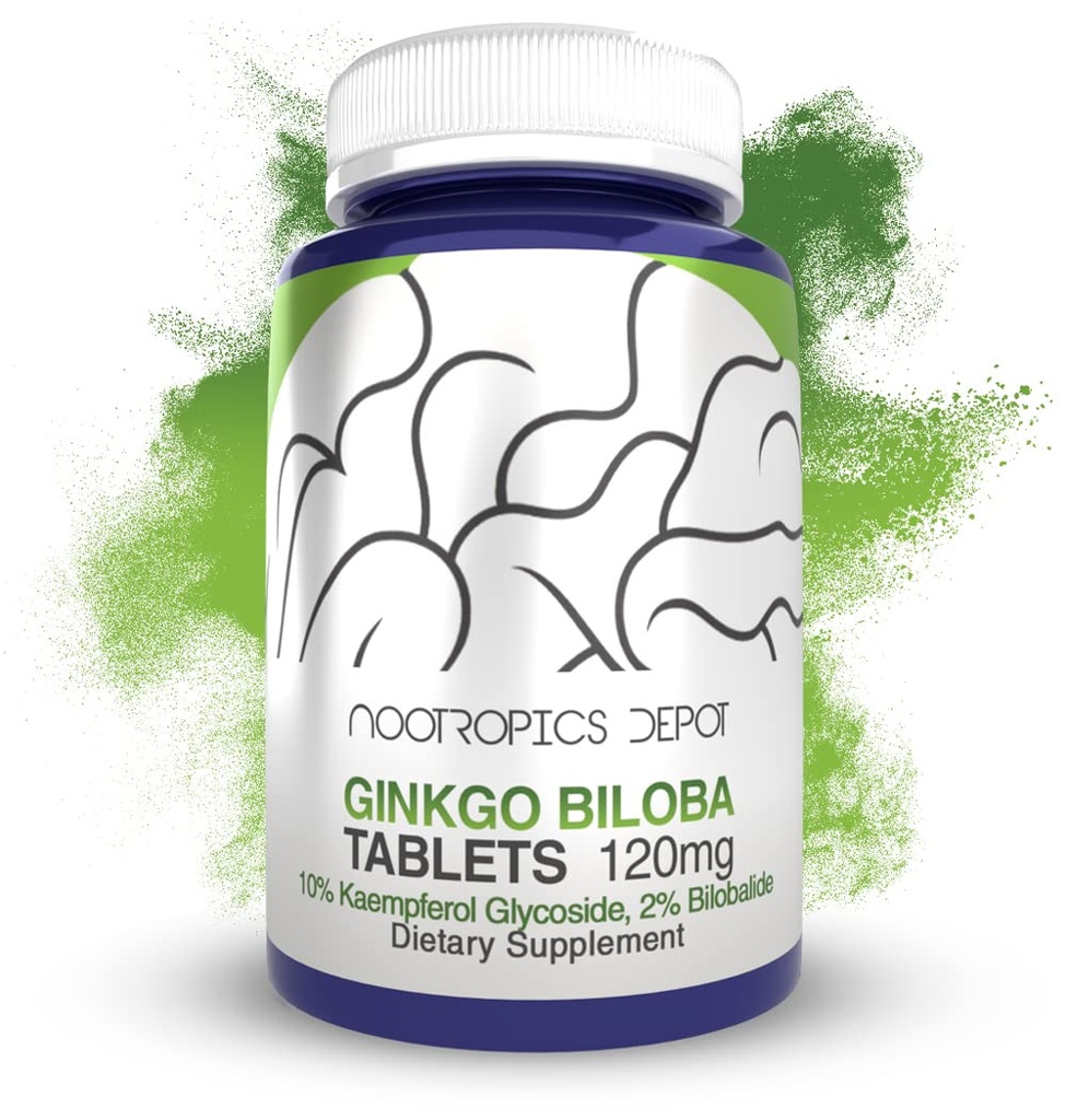 Nootropics Depot Ginkgo Biloba Extract Tablets (124; 120mg) 124; 90 Hrabia 124; Minimum 10% Kaempferol Glikozyd + 2% Bilobalid (124; Może pomóc promować funkcje kognitywne i sercowo-naczyniowe)