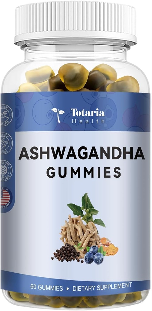 Totaria Ashwagandha Napełniona Gummies w / Magnezu Glycinate, Rhodiola Rose, Blueberry Flavor.