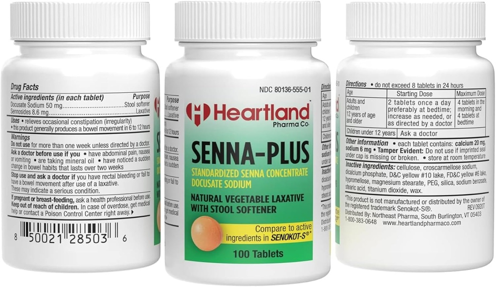 Senna- Plus Natural Vegetable Sennoside Laxative 124; Natural Vegetable Laxative 124; Gentle Overnight Zaparcia Relief 124; Docusate Sodu Stool Softener 124; 100 Tabletki