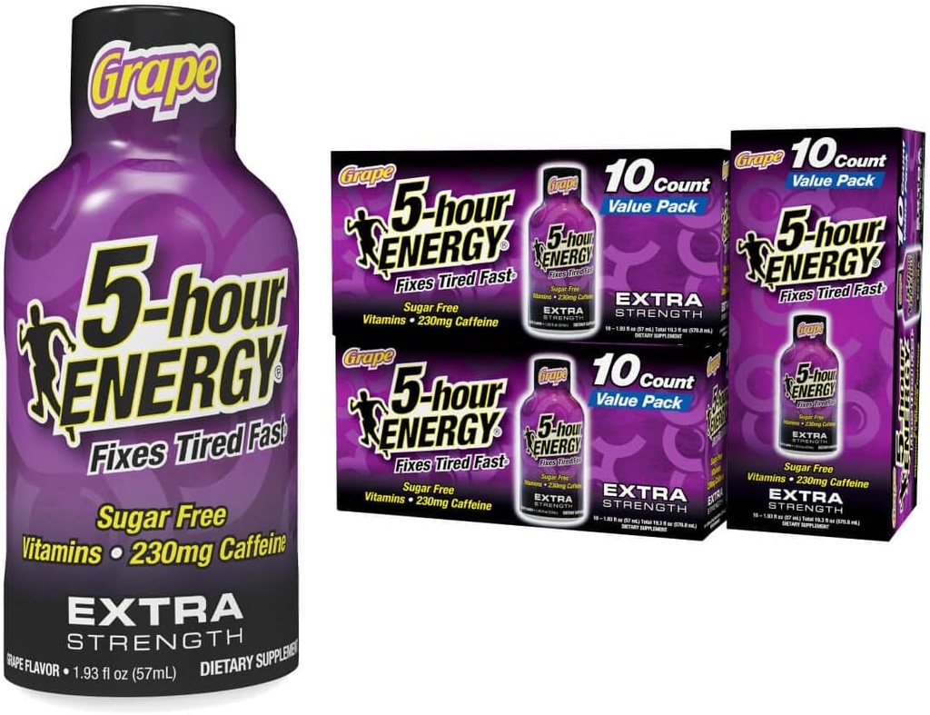 5-godzinny zastrzyk energetyczny ENERGY Extra Strength Energy Shot, Grape Flavor, 30 Count, 1.93 oz., Zero Calories & Sugar-Free 230 mg Caffeined Energy Shot, Amino Acids & B Vitamin, Suplementy dietetyczne