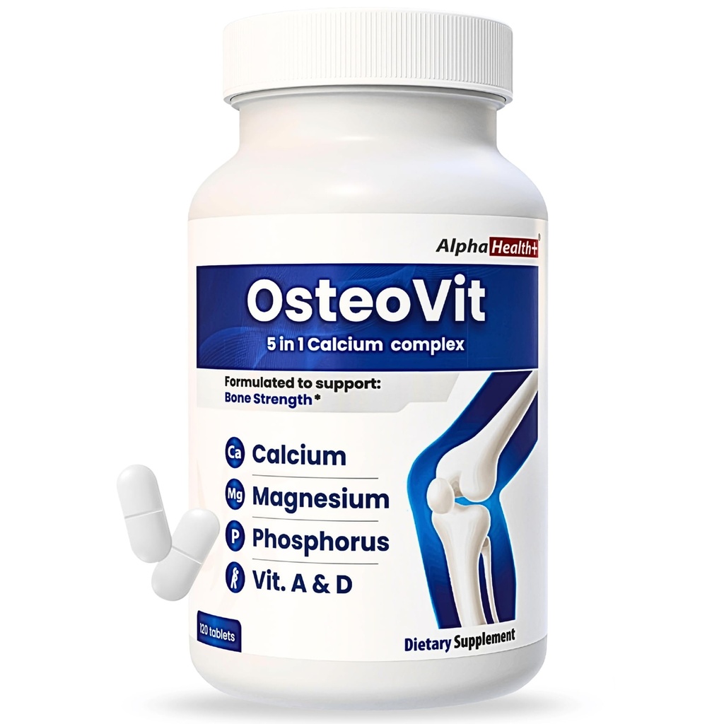 OsteoVit 5- in-1 Wapń 120 tab Multiwitamina: Wapń, Magnez, Fosforus, Witamina D3 & A - Wytrzymałość i Elastyczność kości *, Nie-GMO Gluten Bezpłatne 124; Suplement wapnia dla kobiet i mężczyzn z Witaminą D