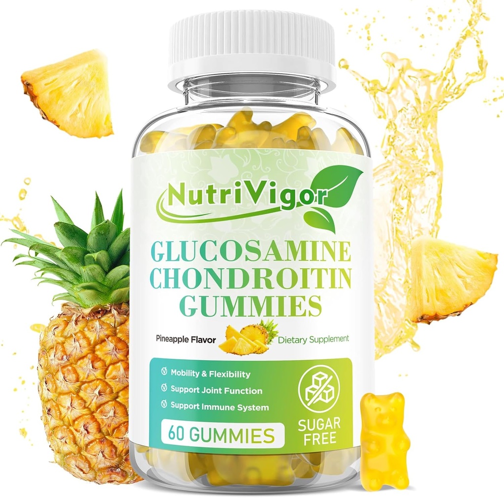 Glukozamina Gummies Chondroitin, Suplement do wspólnego wsparcia dodatkowej siły z MSM & Elderberry, Przeciwutleniacze immunologiczne dla dorosłych, Smak ananasowy, 60 Count