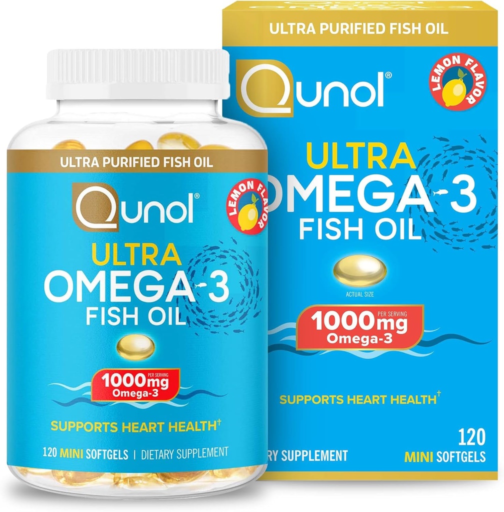 Qunol Omega 3 Fish Oil Mini Softgels, 1000mg Ultra Pure Fish Oil, Heart Health Supplement, Omega 3 DHA Supplements, Lemon Flavor, 2 Month Supply, 120