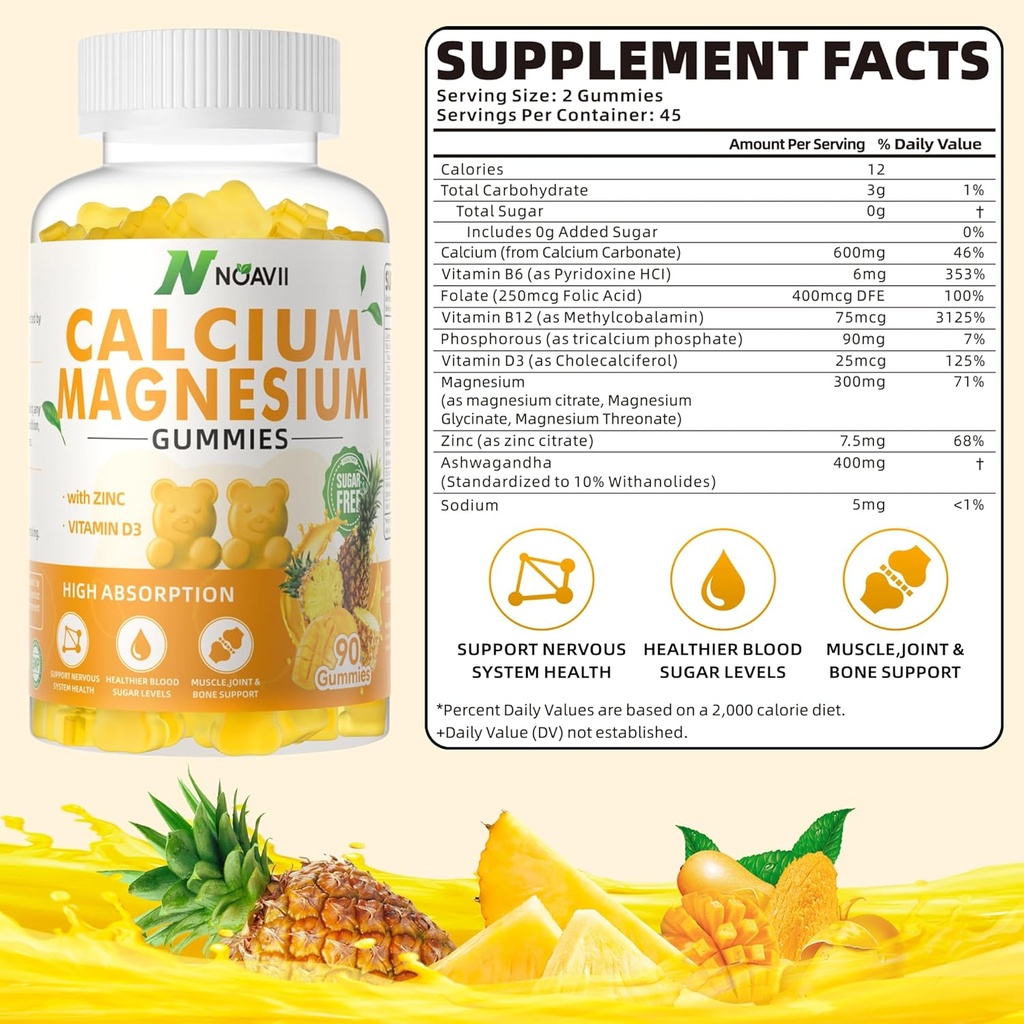 Cynk wapniowy Gummie z witaminą D3, suplement ashwagandha - Wysoka potencja Zwiększona absorpcja - Ananas Flavor- 90