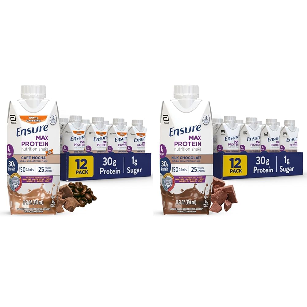 Upewnij się, że Max Protein Nutritional Shake z 30g białka, 25 witamin i minerałów, 7 smaków w tym Cafe Mocha i czekolady mlecznej, Opakowanie 12, Gluten Free