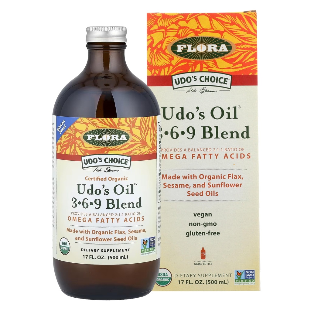 Olej Flora Udo 3- 6- 9 Mieszanka - Wegan Omega-3 & Omega- 6 Olej - Zawiera organiczny olej kokosowy, Olej lniany i więcej - Keep Chilled - 17 fl. oz.